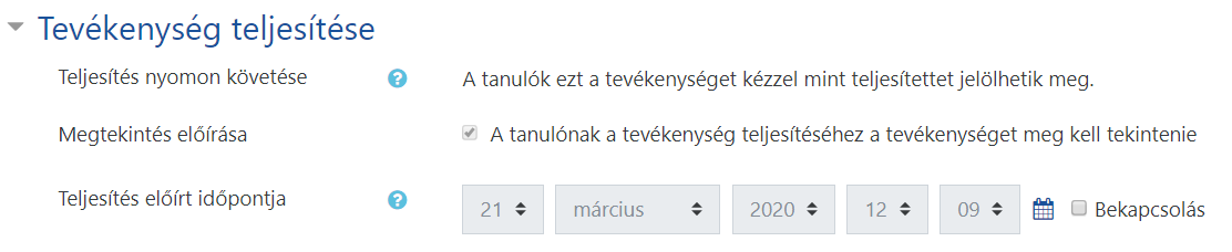 Tevékenység teljesítése szekció egy tananyag v. tevékenység beállításai között.