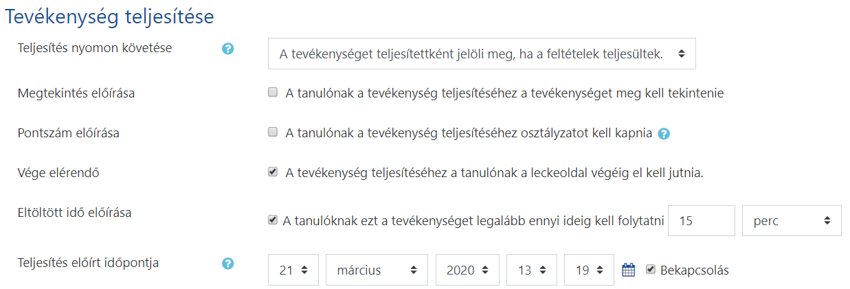 Lecke típusú tartalomhoz tartozó beállítási lehetőségek. 