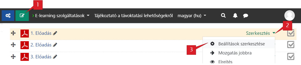 Szerkesztési mód bekapcsolása, a Szerkesztés legördülő menü lenyitása, Beállítások szerkesztése