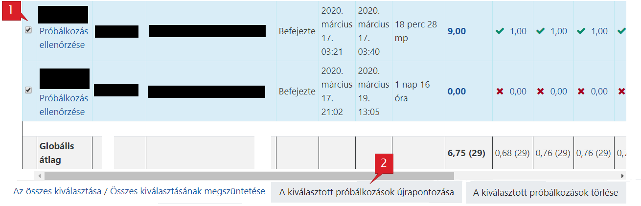 Kiválasztott próbálkozások újrapontoztatása.