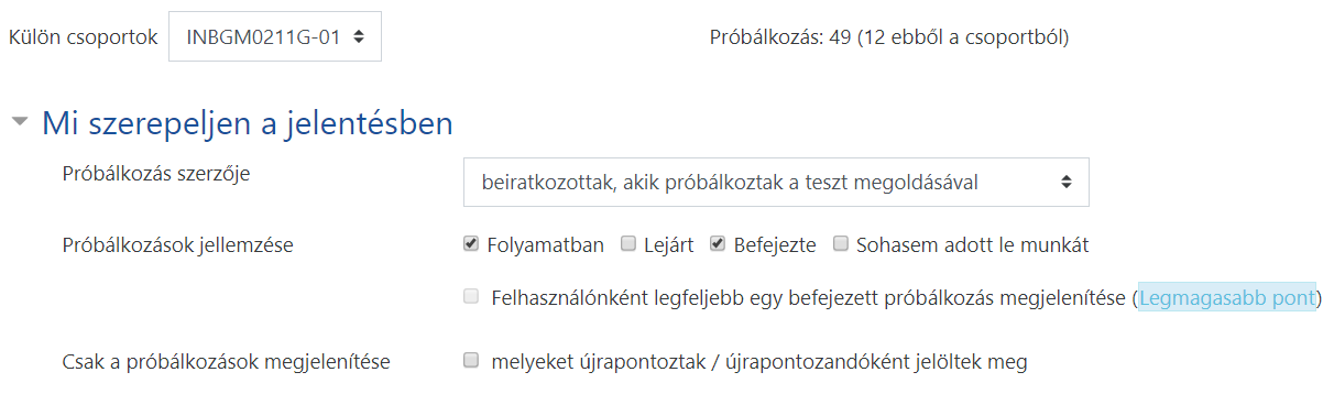 Az próbálkozások szűrése.