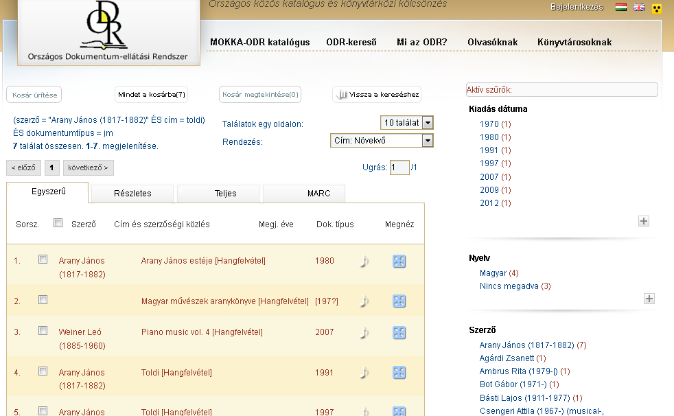 ODR keresés találatilistája